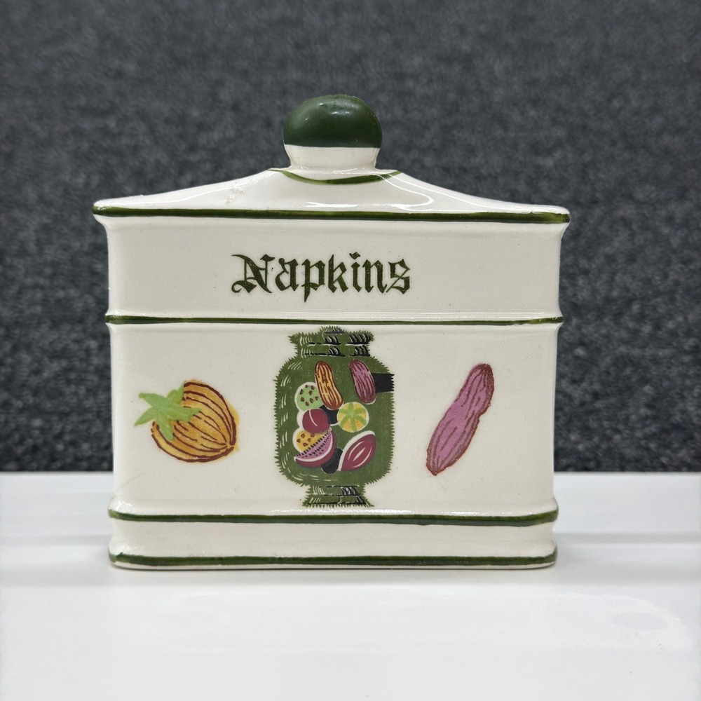 Vtg Ceramic Napkin Holder Green Gift Ideas Creation Kitchen Veggies Retro Read